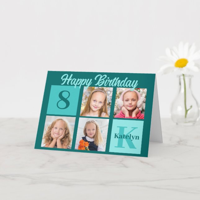 Tarjeta Chic Teal Happy Birthday Custom Photo Collage (Planta pequeña)