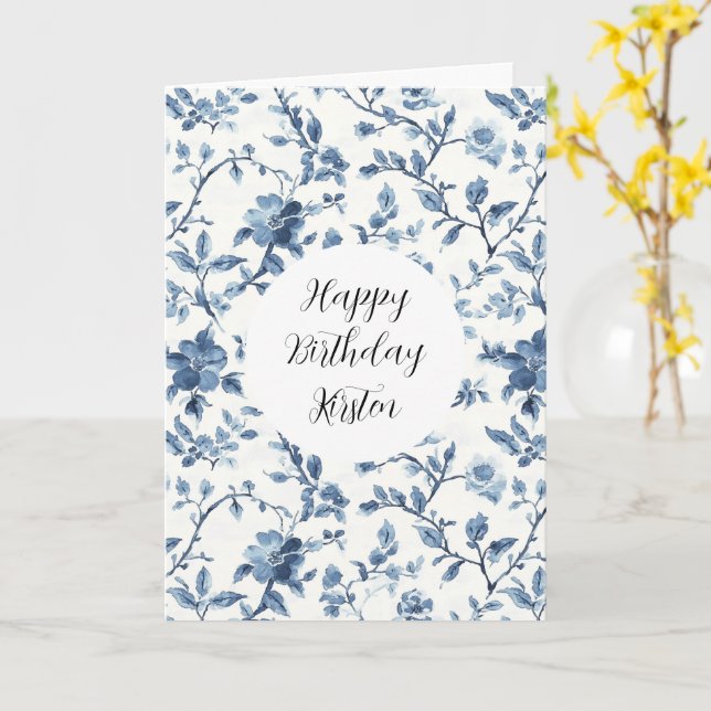 Tarjeta Chic White Blue Floral Birthday (flor amarilla)