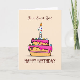 Tarjeta Chica 1 cumpleaños, 1 en pastelito rosa dulce