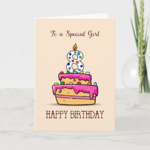 Tarjeta Chica 8 cumpleaños, 8 en pastelito rosa dulce