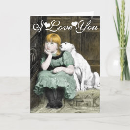 Tarjeta Chica adorando a perro Pintura victoriana Te amo