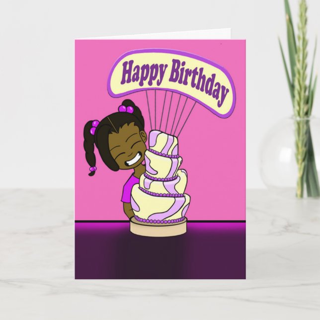 Tarjeta Chica afroamericano y cumpleaños del pastel (Anverso)