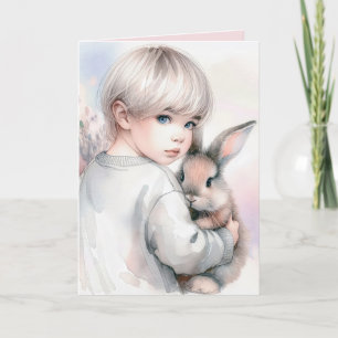 Tarjeta Chica agradecida sosteniendo un conejito mascota