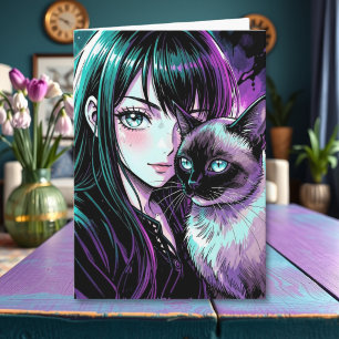 Tarjeta Chica anime bonita y gato siamés