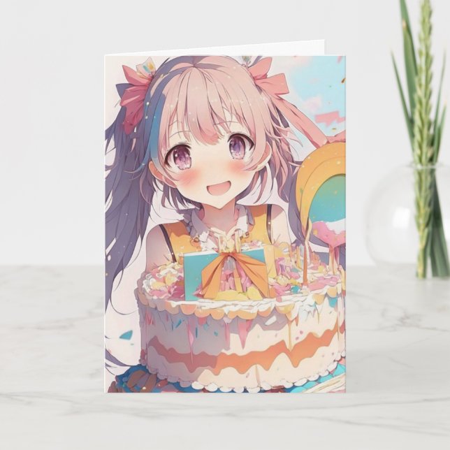 Tarjeta Chica Anime con pastel de cumpleaños y página para (Anverso)