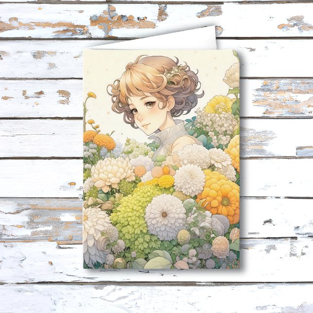 Tarjeta Chica Anime en Flores Amarillas Cumpleaños Persona (Subido por el creador)