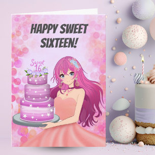 Tarjeta Chica anime feliz de dulce dieciséis con pastel