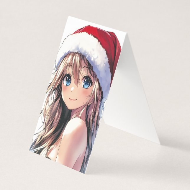 Tarjeta Chica Anime Festiva Sombrero de Santa con Ojos Azu (Anverso)