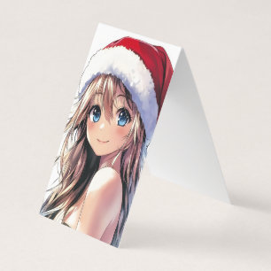 Tarjeta Chica Anime Festiva Sombrero de Santa con Ojos Azu