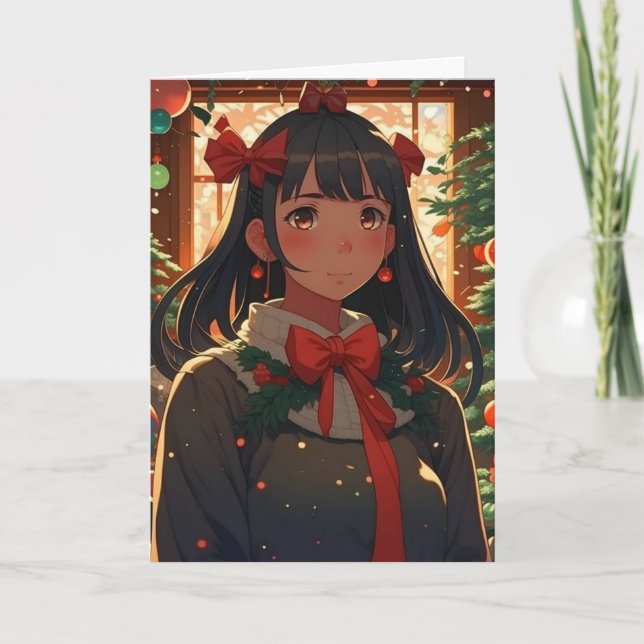 Tarjeta Chica anime festivo en la noche de los Navidades (Anverso)