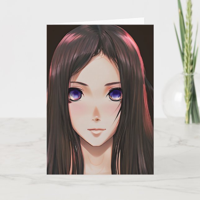 Tarjeta Chica anime linda con cabello castaño y ojos azule (Anverso)