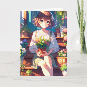 Tarjeta Chica anime linda sosteniendo una planta de cumple