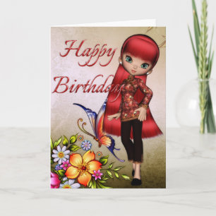 Tarjeta Chica asiático Bellas Flores Happy Birday Card 1