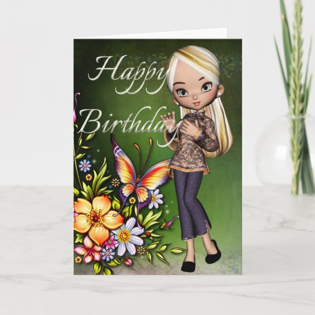 Tarjeta Chica asiático Bellas Flores Happy Birday Card 4 (Anverso)