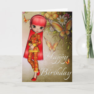 Tarjeta Chica Asiático Hermosas Flores Feliz Cumpleaños Ta