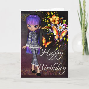 Tarjeta Chica Asiático Hermosas Flores Feliz Cumpleaños Ta