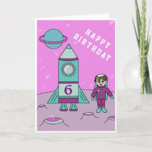 Tarjeta Chica Astronauta en la Luna Espacio Feliz Cumpleañ