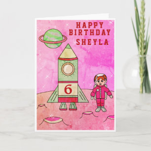 Tarjeta Chica Astronauta Luna en el Espacio Feliz Cumpleañ