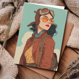 Tarjeta Chica Aviadora Vintage Retro Cumpleaños Viajes