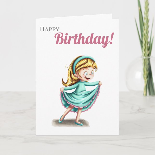 Tarjeta Chica bailando con un vestido verde azulado feliz  (Anverso)
