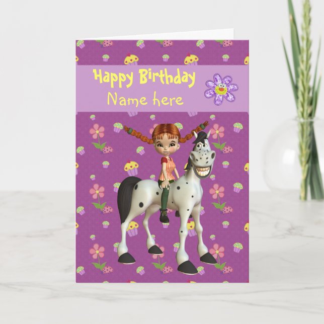 Tarjeta Chica, caballo y flores personalizadas cumpleaños (Anverso)