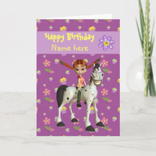 Tarjeta Chica, caballo y flores personalizadas cumpleaños