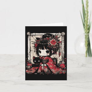 Tarjeta Chica Chibi Kimono Gato Negro Flores Arte Japonés 
