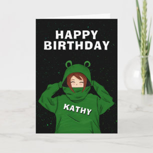 Tarjeta Chica con capucha de rana verde dibujo cumpleaños