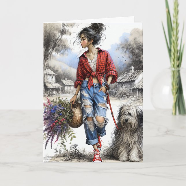 Tarjeta Chica con cesta de flores silvestres pensando en t (Anverso)