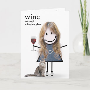 Tarjeta Chica con figura de palo de cumpleaños con vino y 