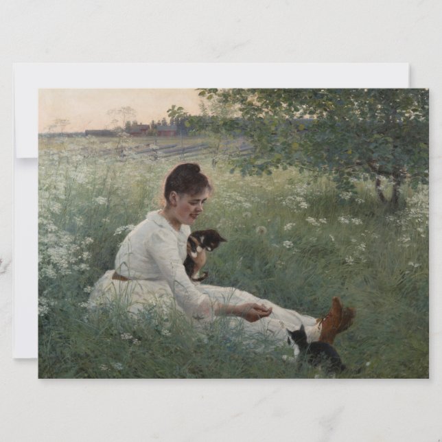 Tarjeta Chica con gatos en un paisaje veraniego (gatitos) (Anverso)