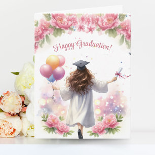 Tarjeta Chica con toga de graduación blanca con globos