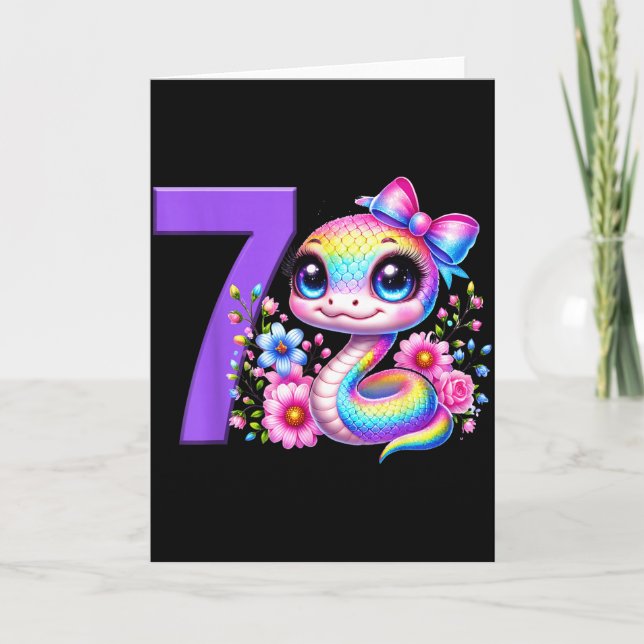 Tarjeta Chica cumpleaños 7 serpiente fiesta arcoíris coque (Anverso)