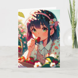 Tarjeta Chica Cute Anime Comiendo Fresas Cumpleaños