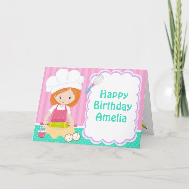 Tarjeta Chica Cute Red Hair Baking Cumpleaños (Anverso)