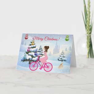 Tarjeta Chica Cuto En Un Navidad De Invierno En Bicicleta 