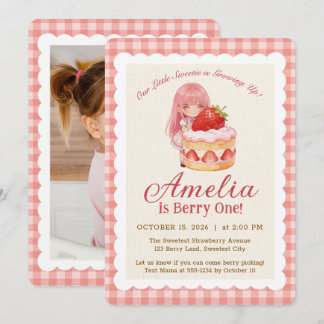 Tarjeta Chica de Acuarela Dulce Fresa 1er Cumpleaños Foto