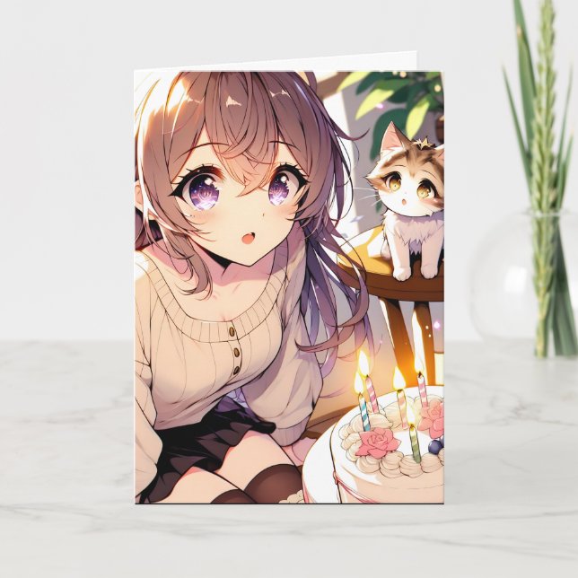 Tarjeta Chica de anime bonito con torta de gatito y cumple (Anverso)