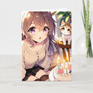 Tarjeta Chica de anime bonito con torta de gatito y cumple