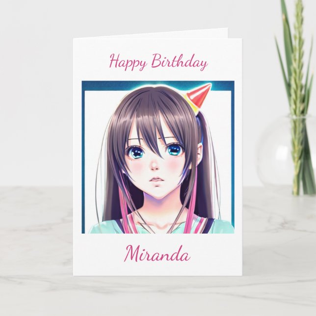 Tarjeta Chica de anime con Gorra de cumpleaños (Anverso)