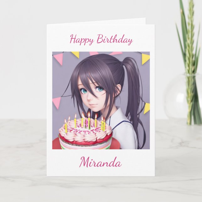 Tarjeta Chica de anime con pastel de cumpleaños (Anverso)