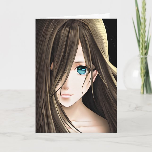 Tarjeta Chica de Anime de Cabello Marrón y Ojos Azules (Anverso)