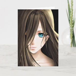 Tarjeta Chica de Anime de Pelo Castaño y Ojos Azules
