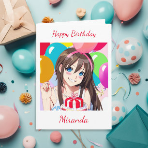 Tarjeta Chica de anime lindo con cumpleaños en globo