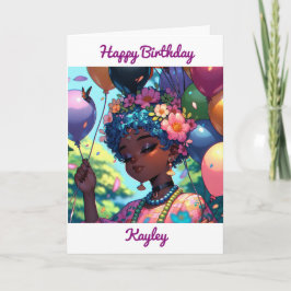 Tarjeta Chica de anime negro bonito con globos de cumpleañ