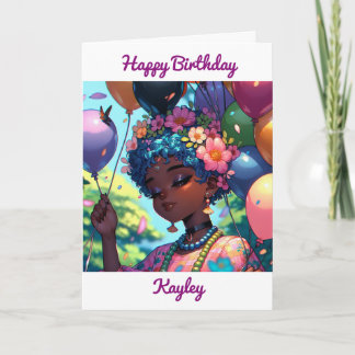 Tarjeta Chica de anime negro bonito con globos de cumpleañ