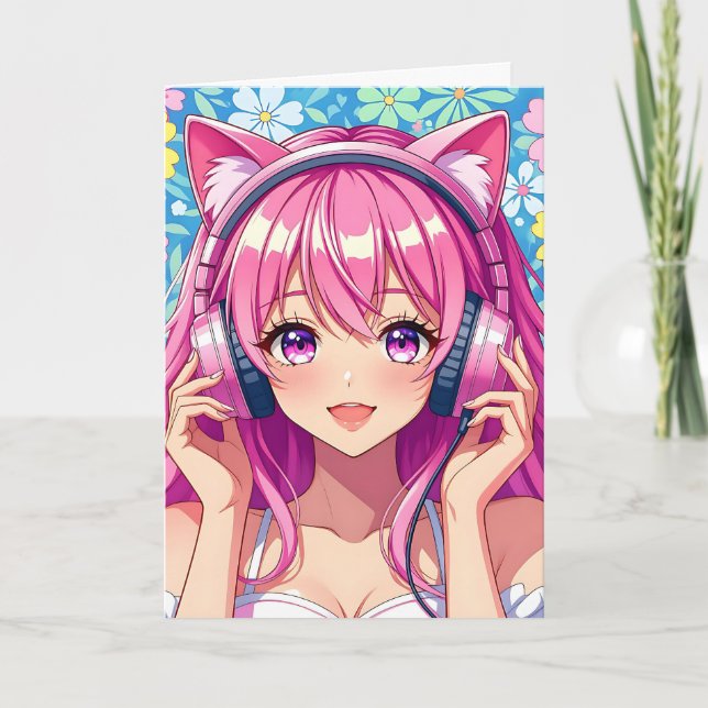 Tarjeta Chica de anime rosado con audífonos Cumpleaños (Anverso)