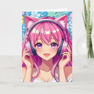 Tarjeta Chica de anime rosado con audífonos Cumpleaños