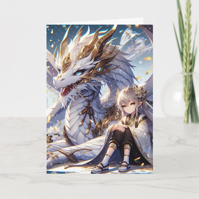 Tarjeta Chica de anime y cumpleaños del Dragón Blanco y Or (Anverso)