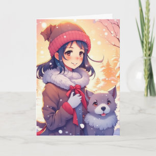 Tarjeta Chica de Anime y Perro con Fondo de Navidad